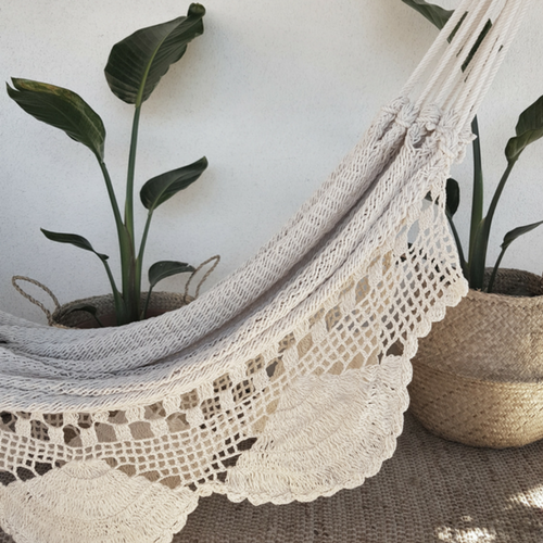 white crochet and fringes hammock